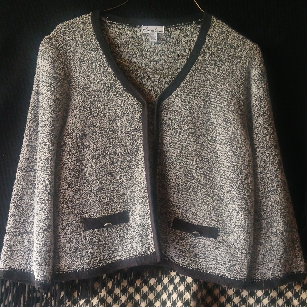 Kim Rogers Black and White Textured Open Cardigan